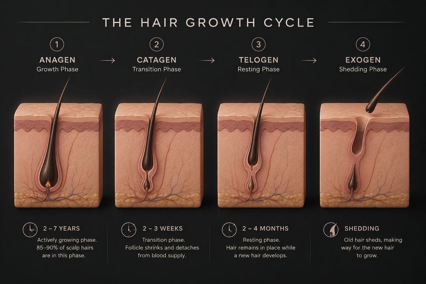 Diagram of the four stages of the hair growth cycle: anagen, catagen, telogen, and exogen shedding phase.
