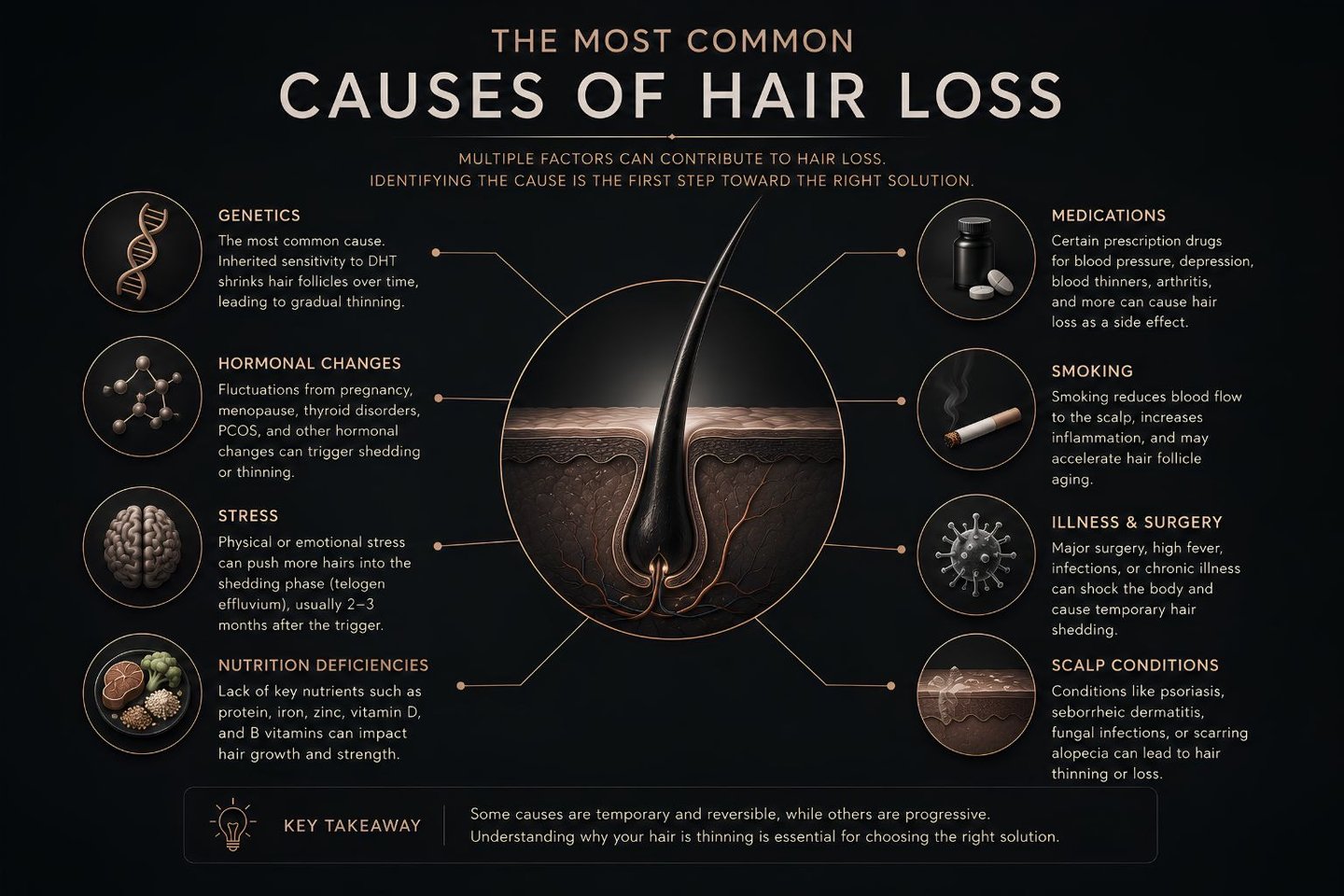 An infographic detailing common causes of hair loss including genetics, stress, and nutrition deficiencies.