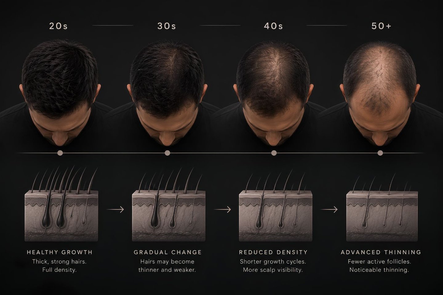Infographic showing the stages of male pattern baldness and hair follicle thinning from ages 20 to 50.