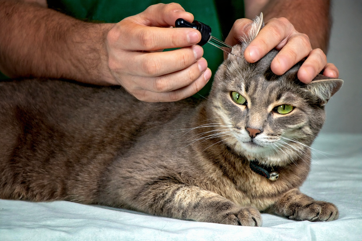 Grijze gestreepte kat krijgt voorzichtig oordruppels toegediend met een pipet ter preventie van oorm