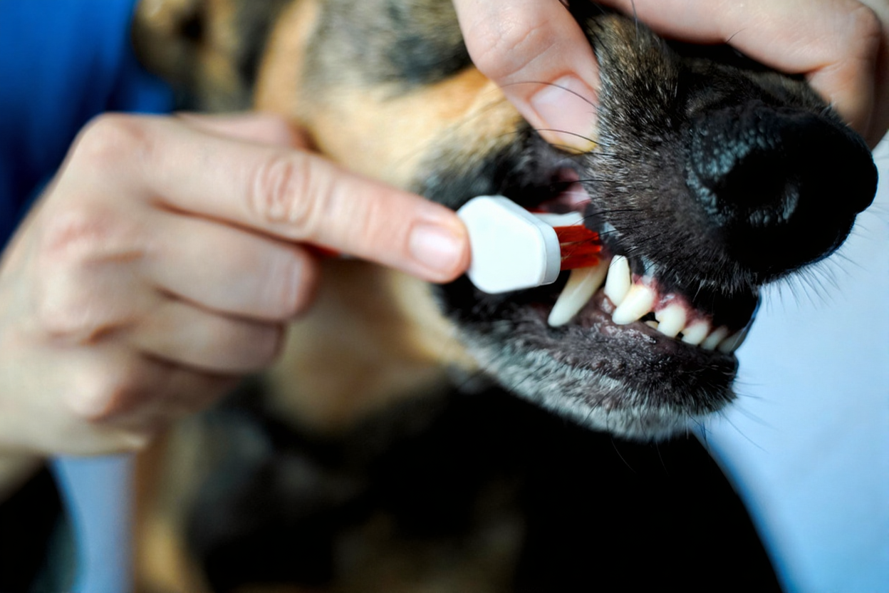 Duitse herder krijgt zijn tanden gepoetst met een speciale hondenborstel