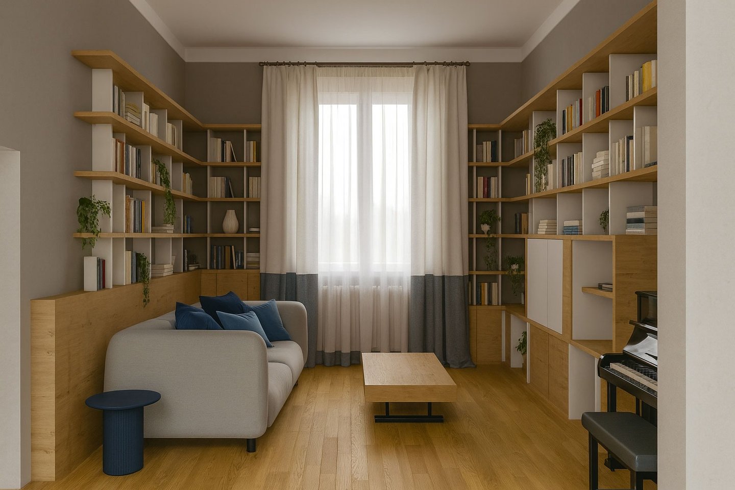 Modern home library and living room featuring a grey sofa, wooden bookshelves, and a piano.