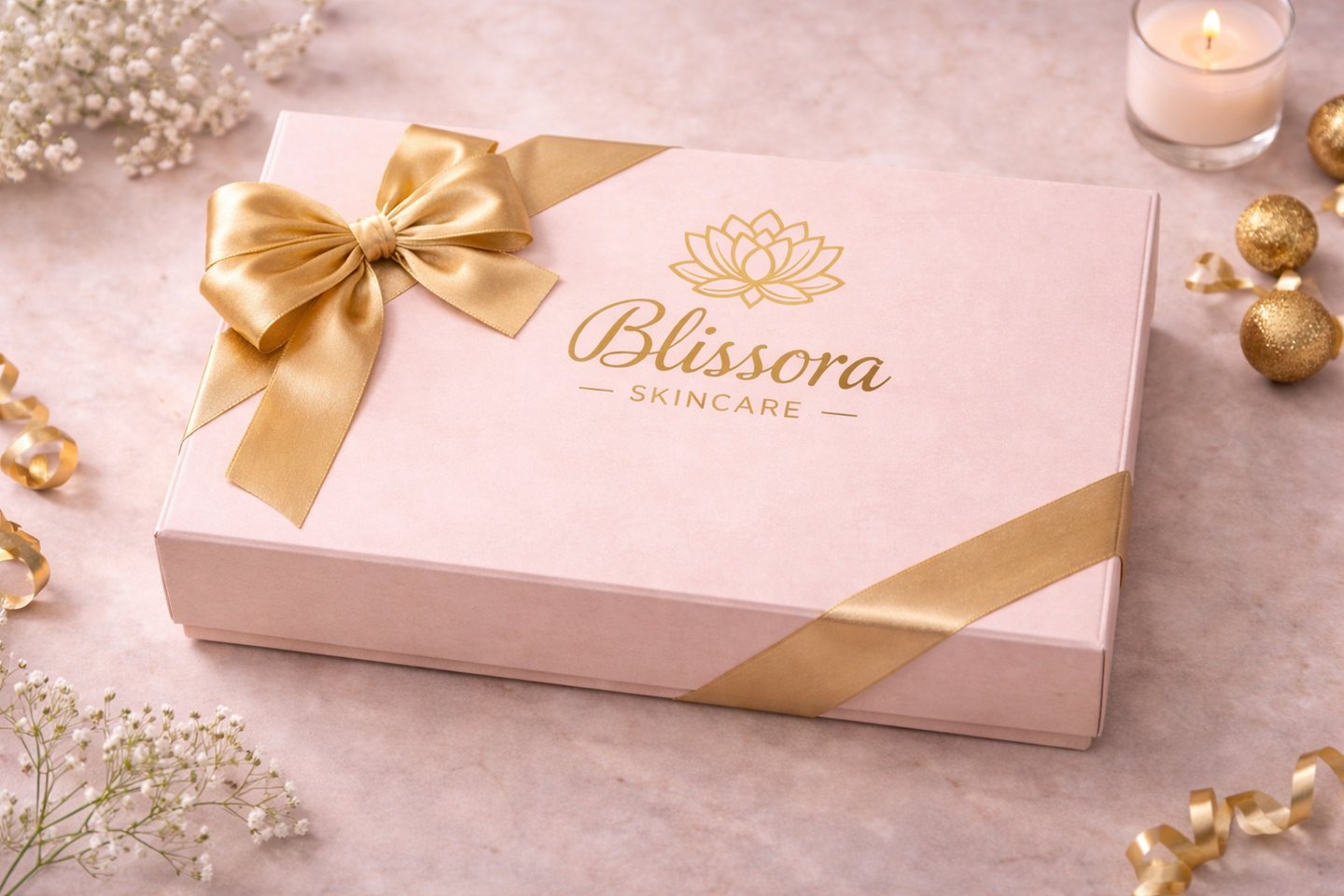 Blissora Skincare pink gift box with a gold silk bow and festive holiday decorations.