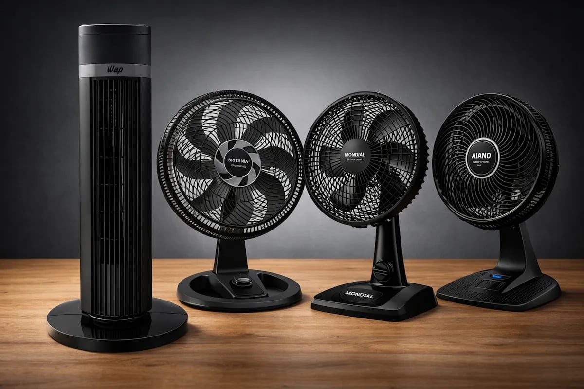 A variety of black electric fans, including tower and table models, on a wooden surface.