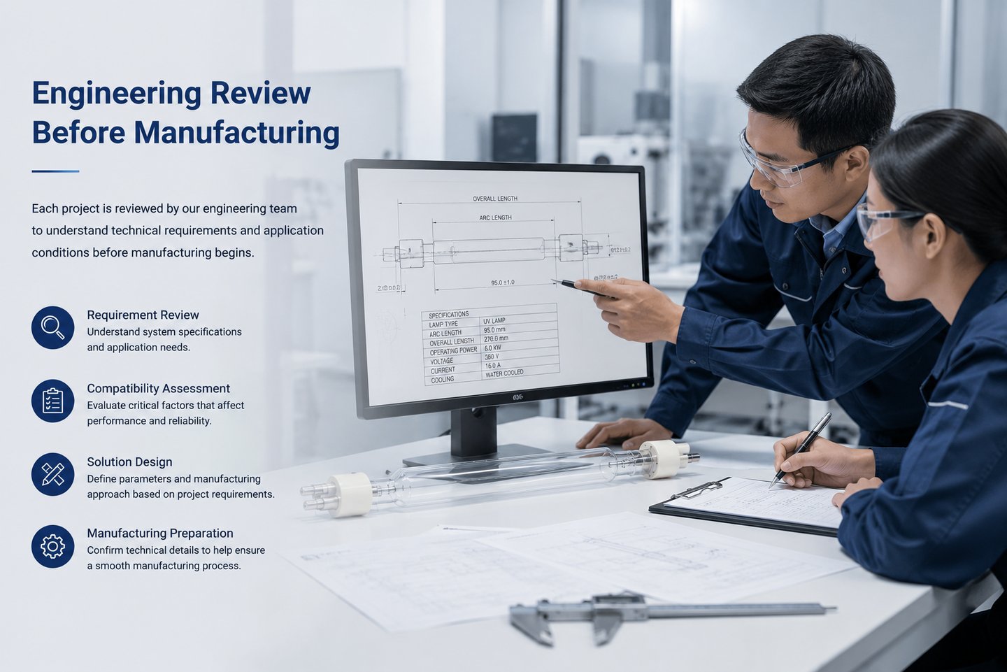 Engineering review process for OEM-compatible UV lamp manufacturing and compatibility assessment