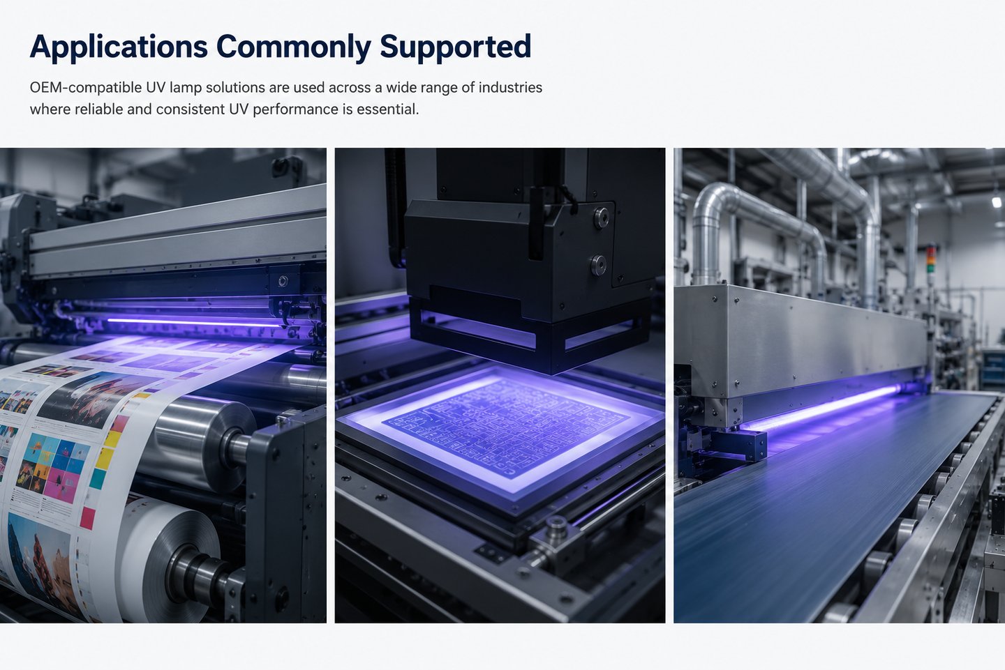 Industrial UV applications including printing, PCB exposure, and manufacturing processes supported b