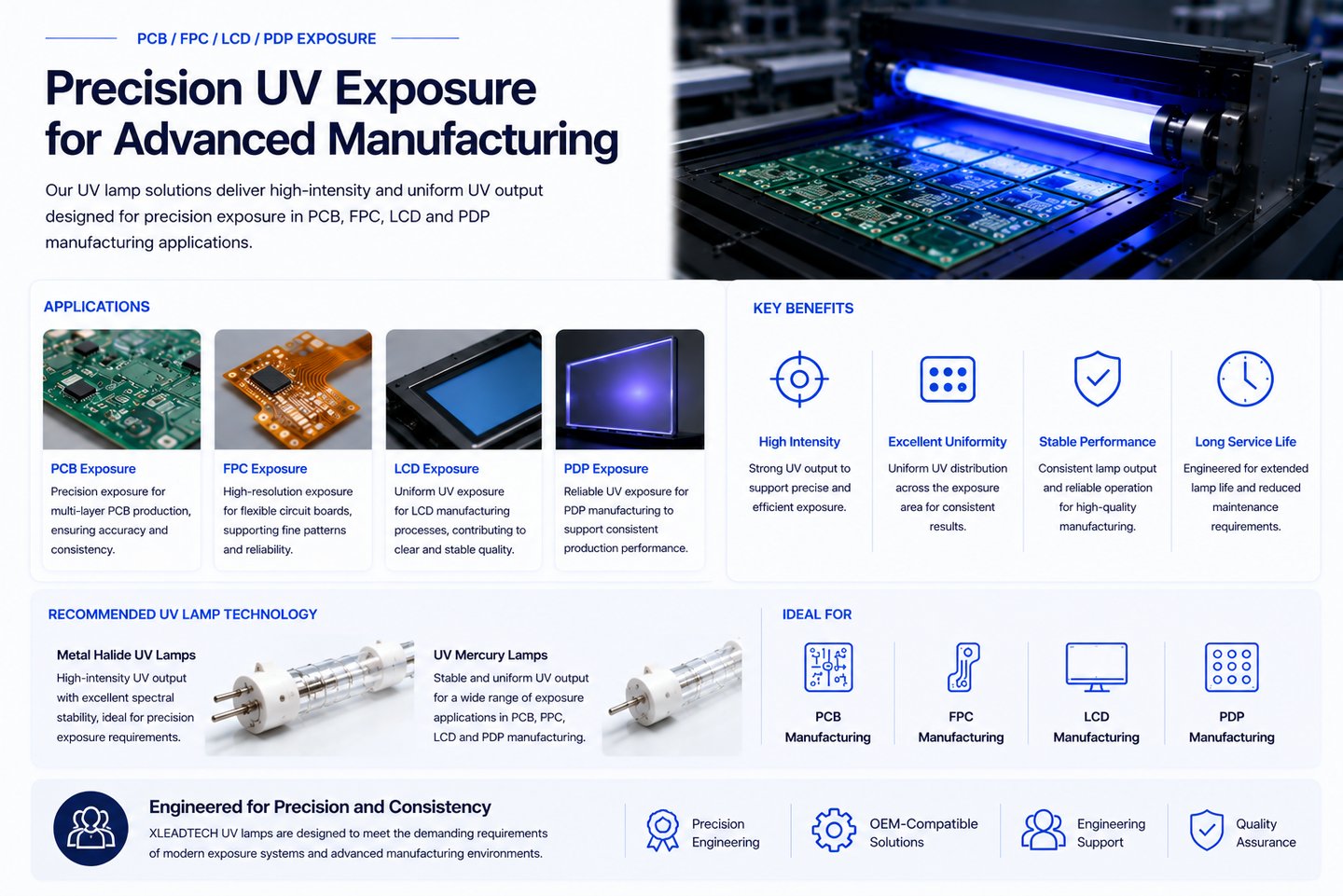 Metal halide UV exposure lamp solutions for PCB, FPC, LCD and PDP manufacturing applications