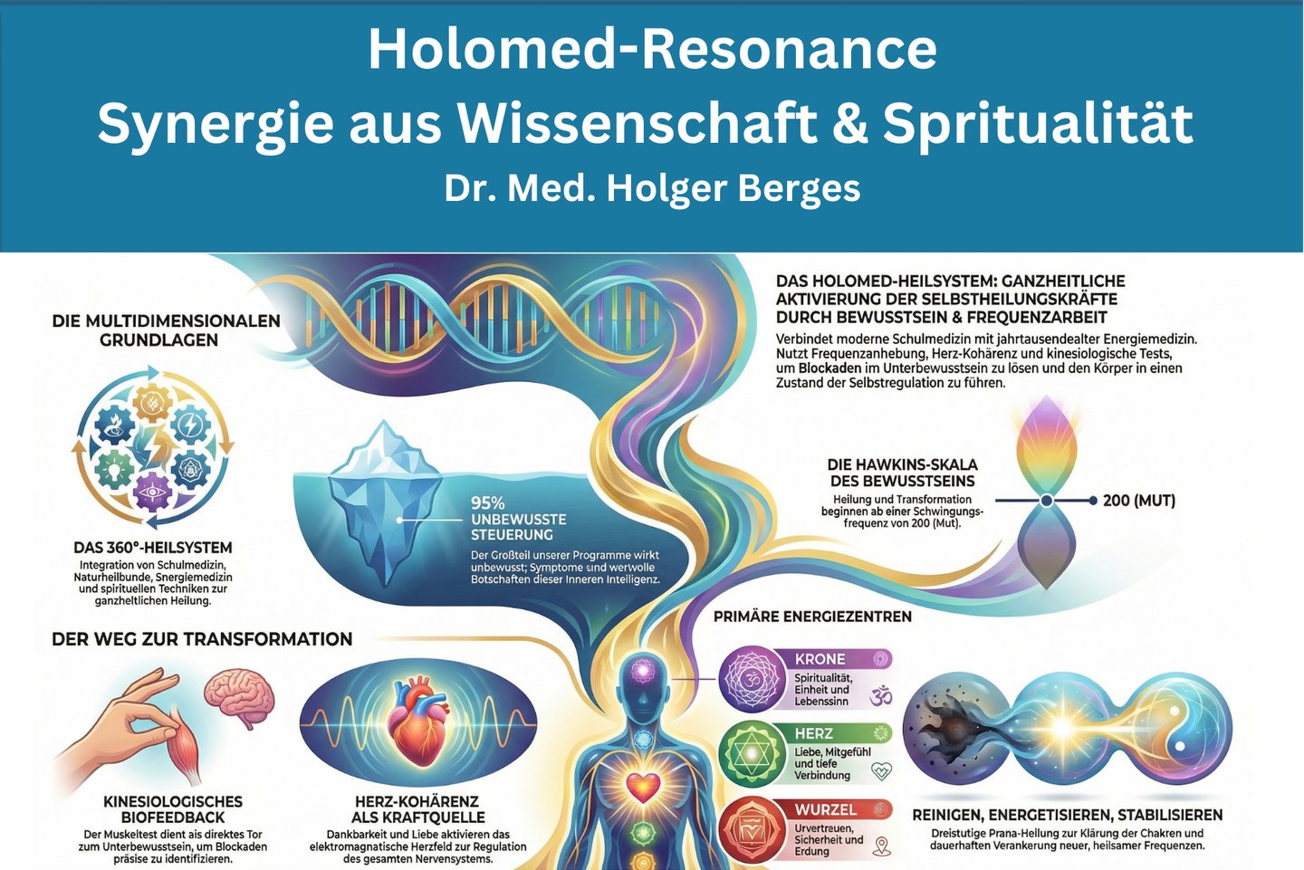 Holomed-Resonance infographic explaining holistic healing, energy medicine, and consciousness work by Dr. Holger Berges.
