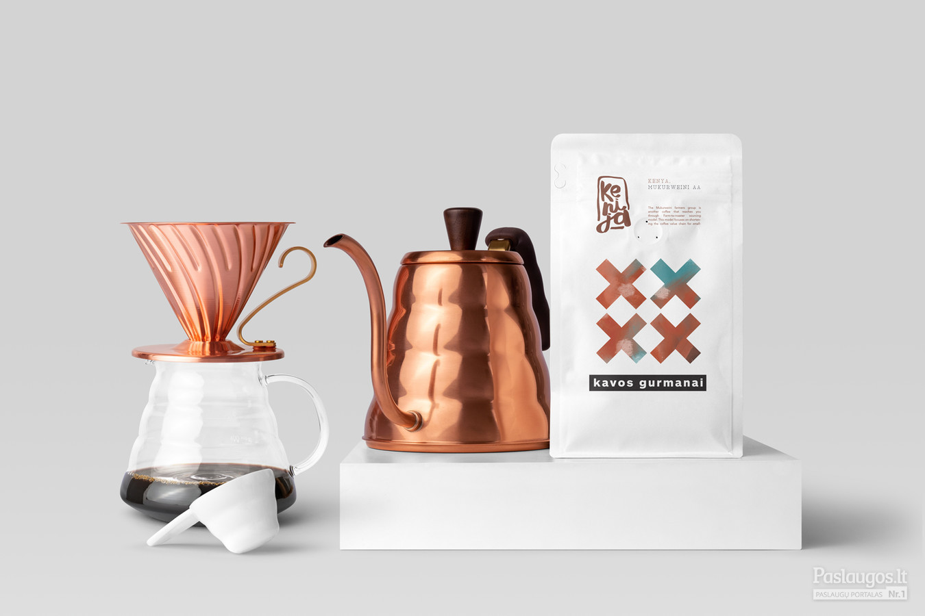 scene of a coffee pot and coffee bag, copper color, modern design