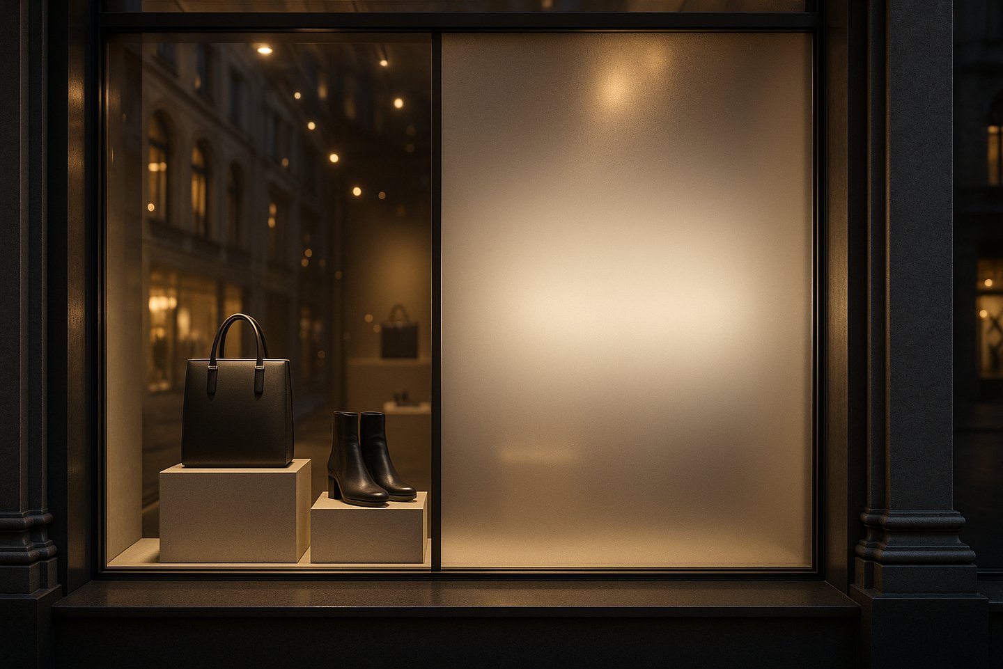 Vetrina elegante con pellicola LCD Smart Film opaca per negozi in centro città