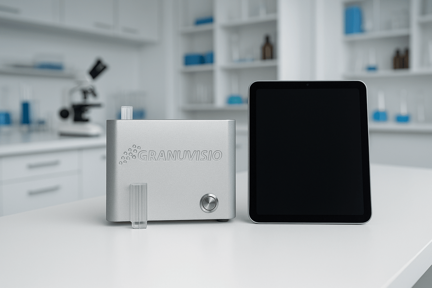 a granulometer sitting on a table with a tablet