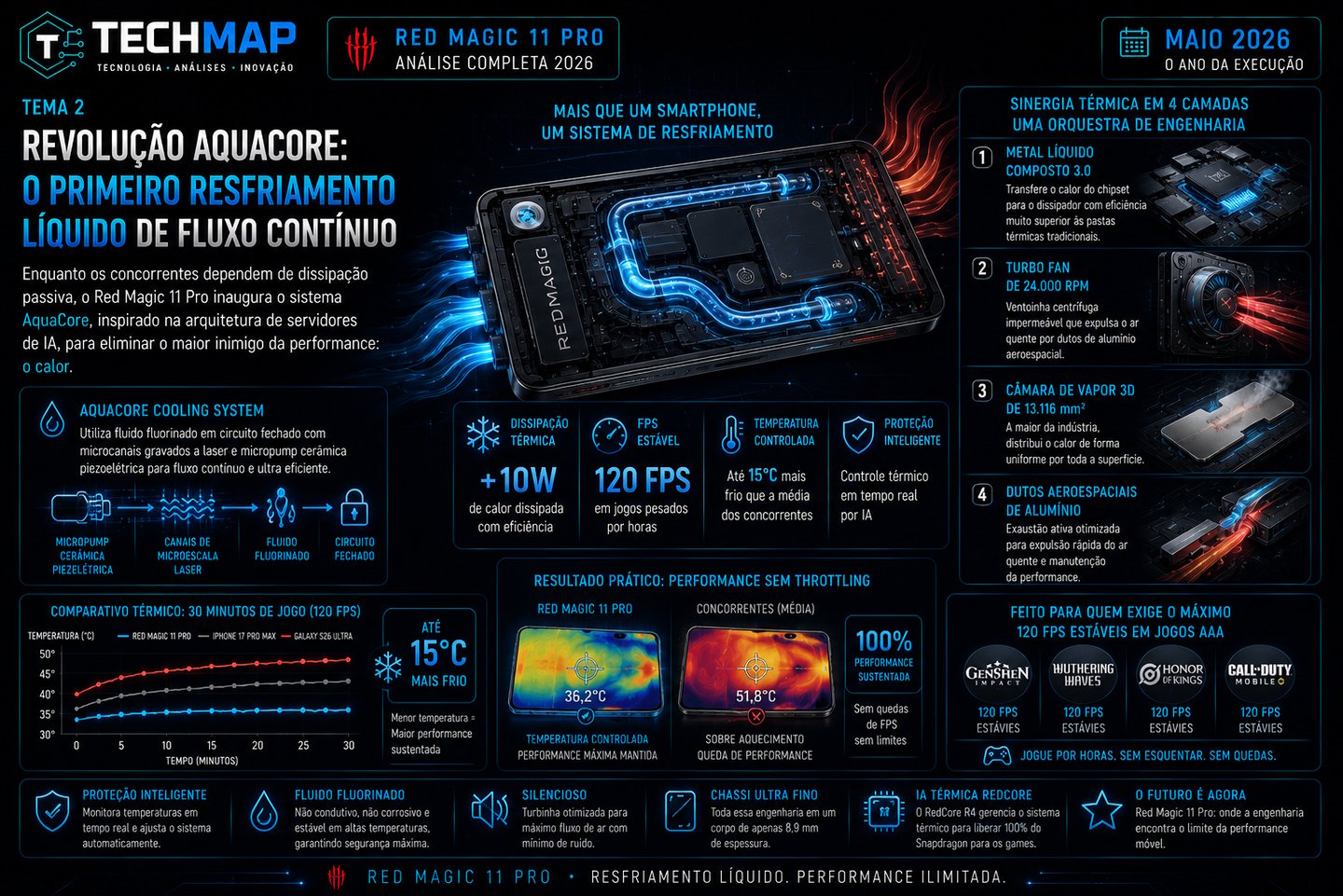 Infographic showing the Red Magic 11 Pro internal cooling system with liquid cooling components and thermal performance
