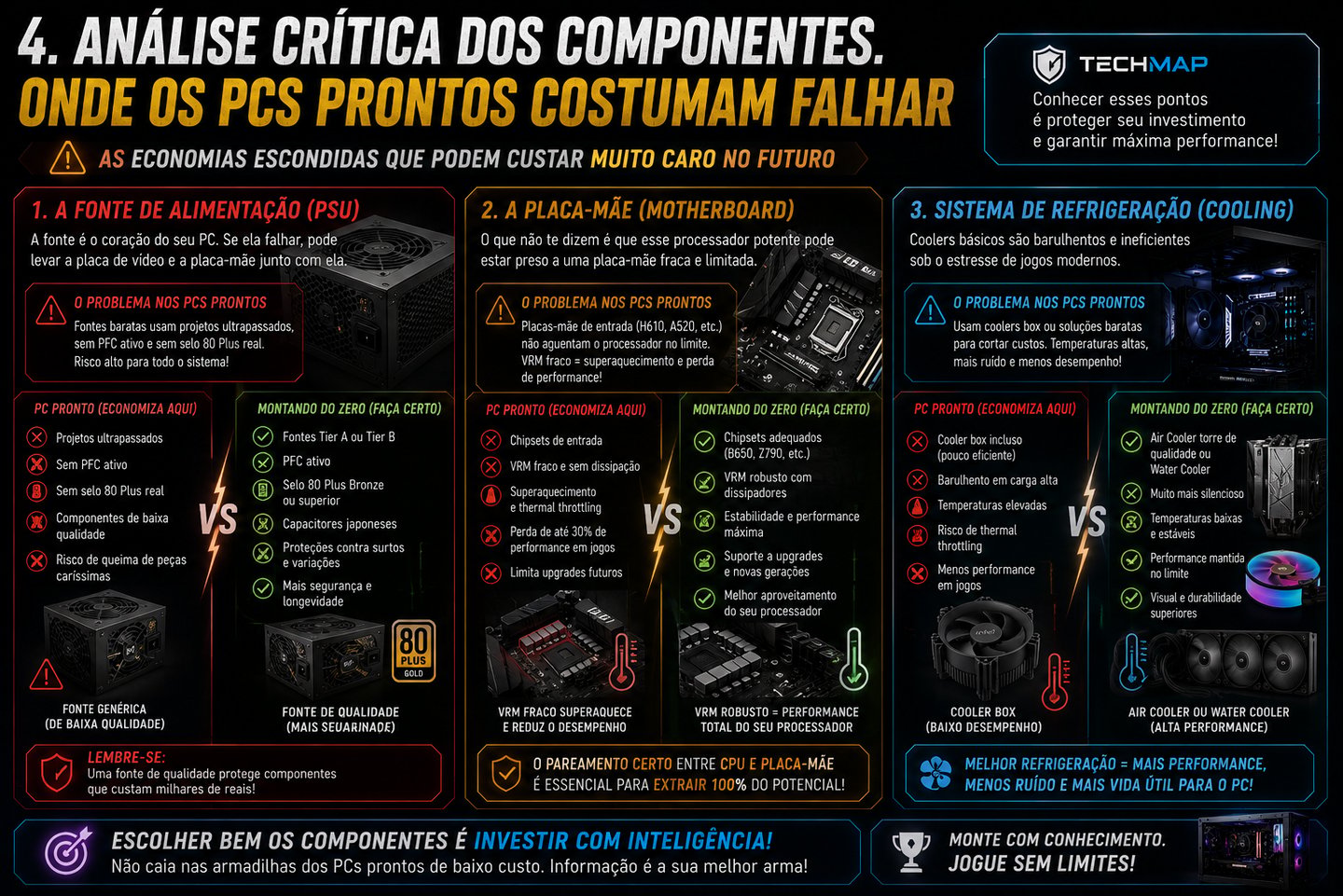 Infographic in Portuguese explaining computer hardware components like PSU, motherboard, and cooling systems for PC building.