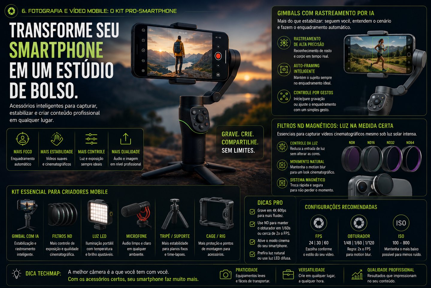 Infographic showing a professional mobile content creator kit with a smartphone gimbal, ND filters, and LED light.