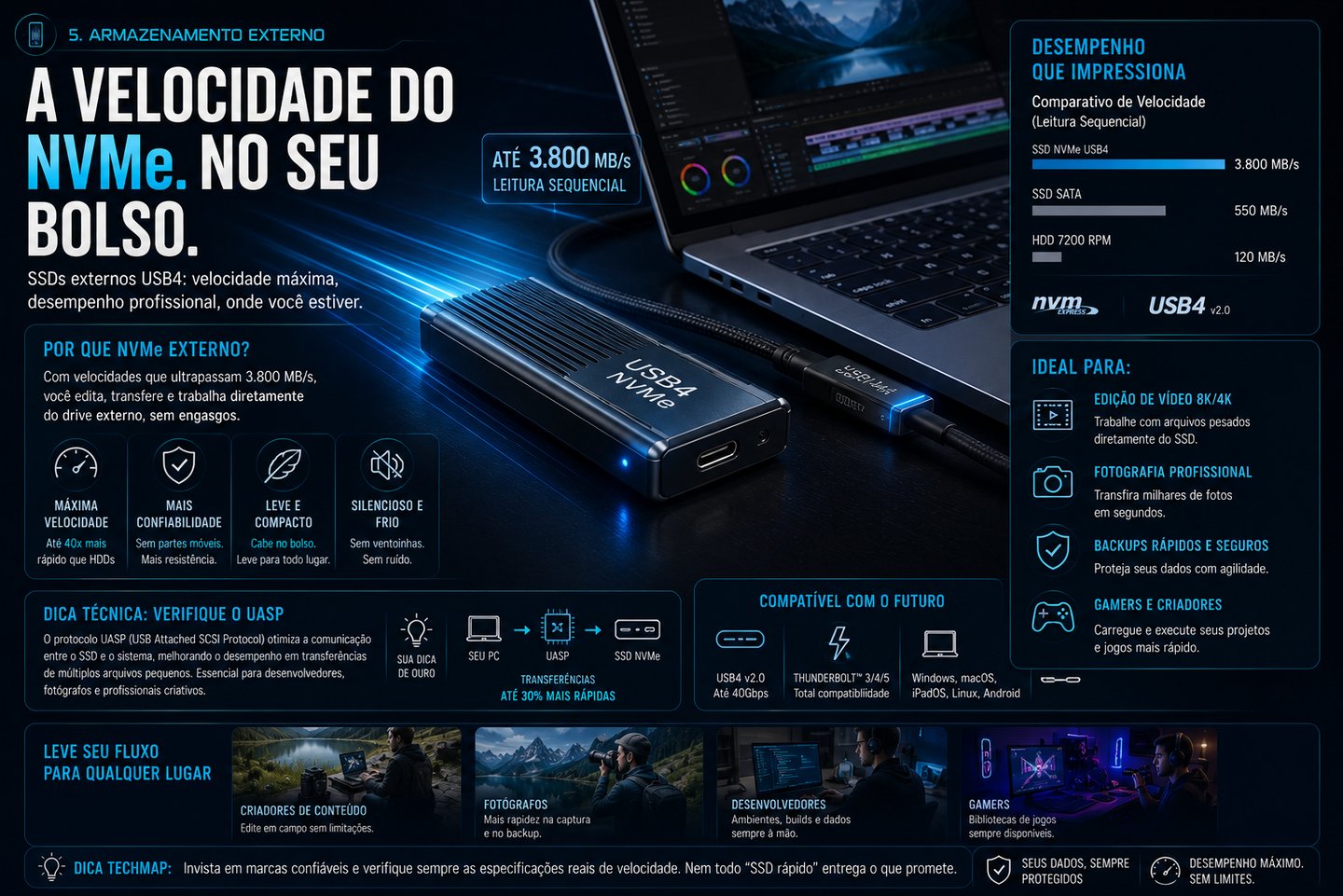 Portable NVMe USB4 external SSD drive shown next to a laptop with performance charts and technical specifications.