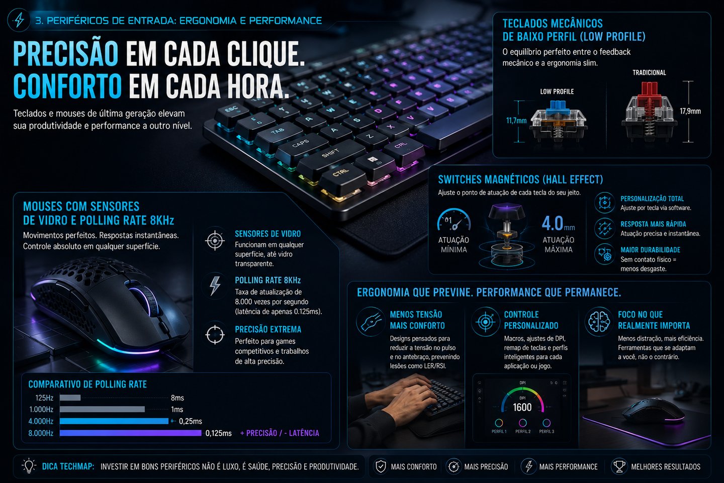 Infographic showing low profile mechanical keyboards and 8kHz polling rate gaming mice for ergonomic performance.