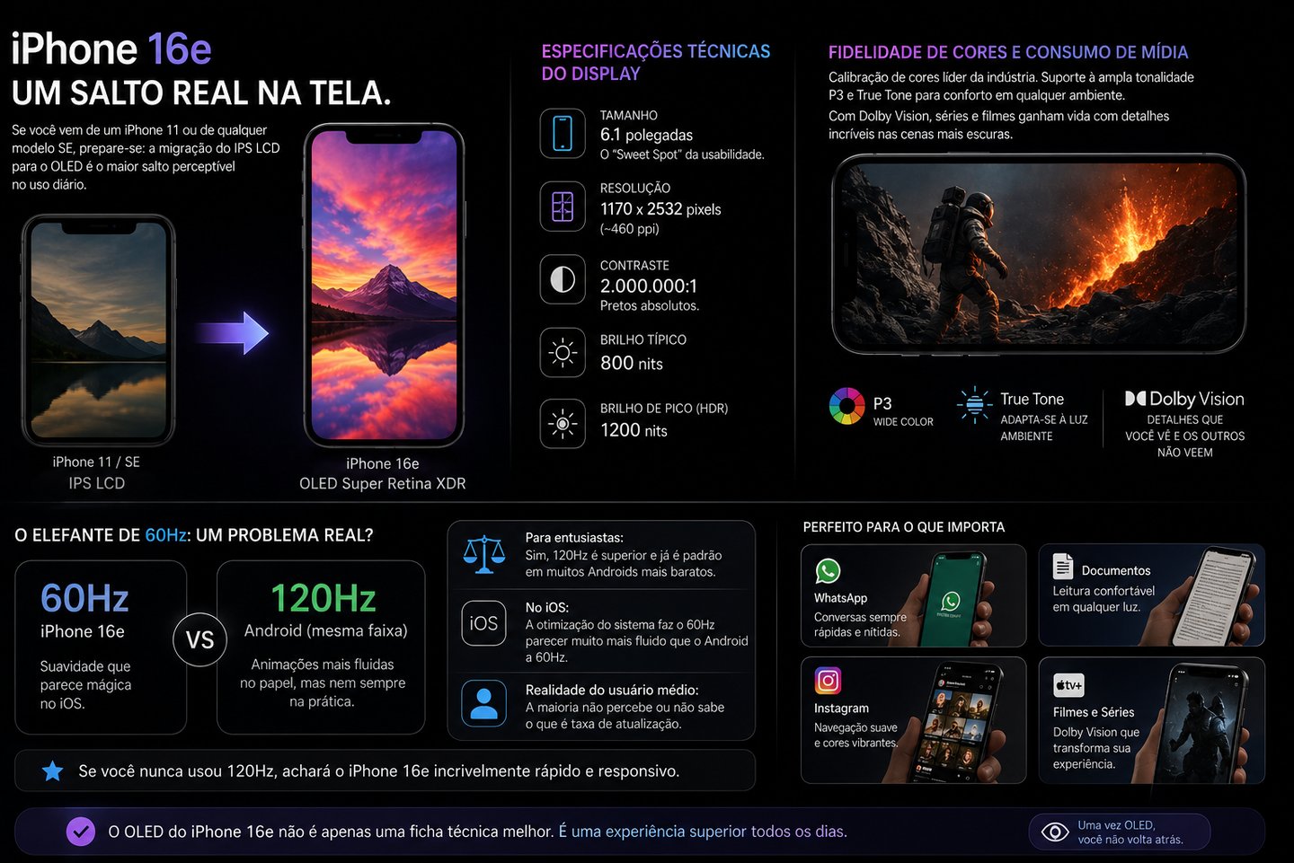 Infographic showing iPhone 16e technical specifications featuring its 6.1-inch OLED Super Retina XDR display and 60Hz
