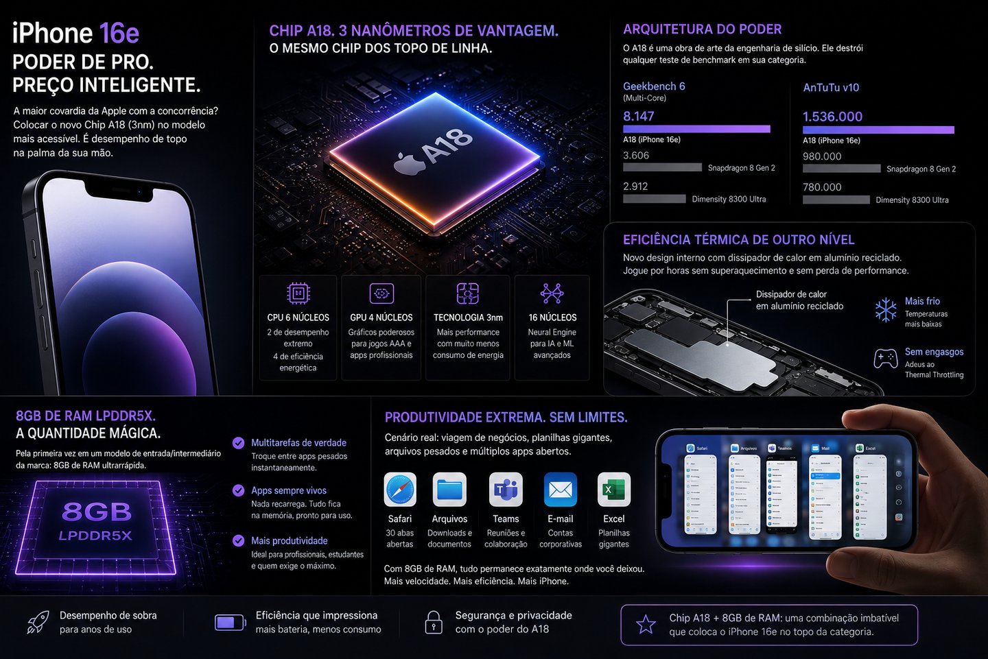Infographic showing iPhone 16e features including the A18 chip, 8GB RAM LPDDR5X, and Geekbench benchmark performance.