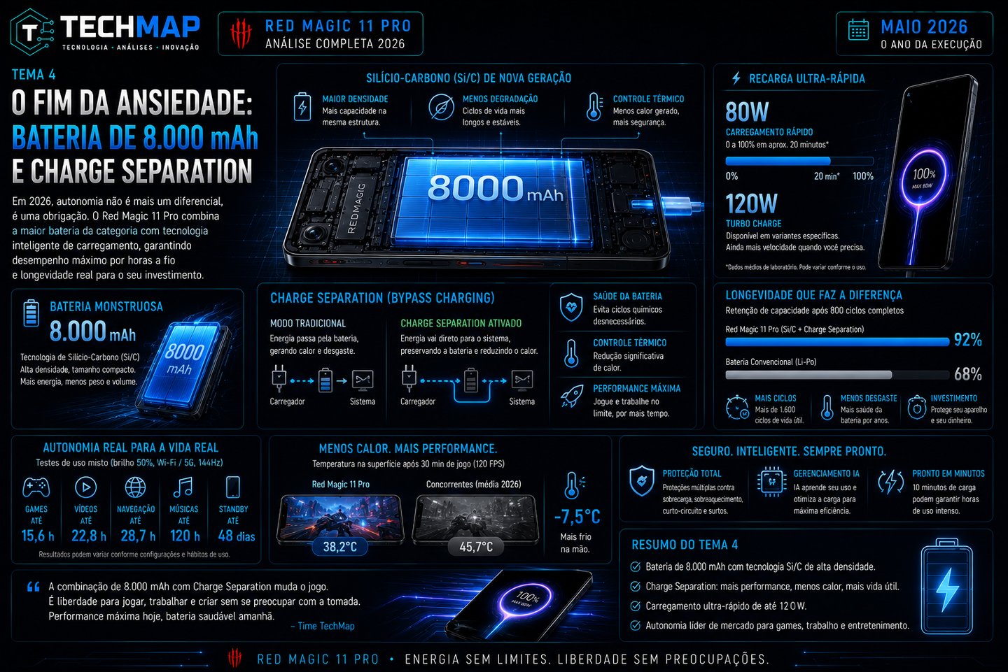Infographic showing Red Magic 11 Pro 8,000 mAh battery specs, 120W charging, and bypass charging features.