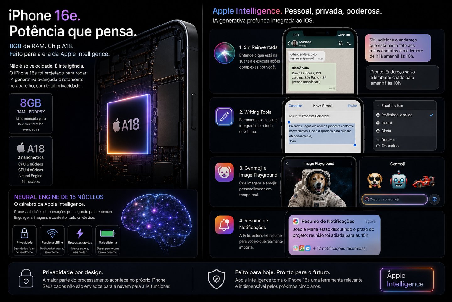 Infographic of iPhone 16e features highlighting Apple Intelligence, A18 chip, and Genmoji AI tools.