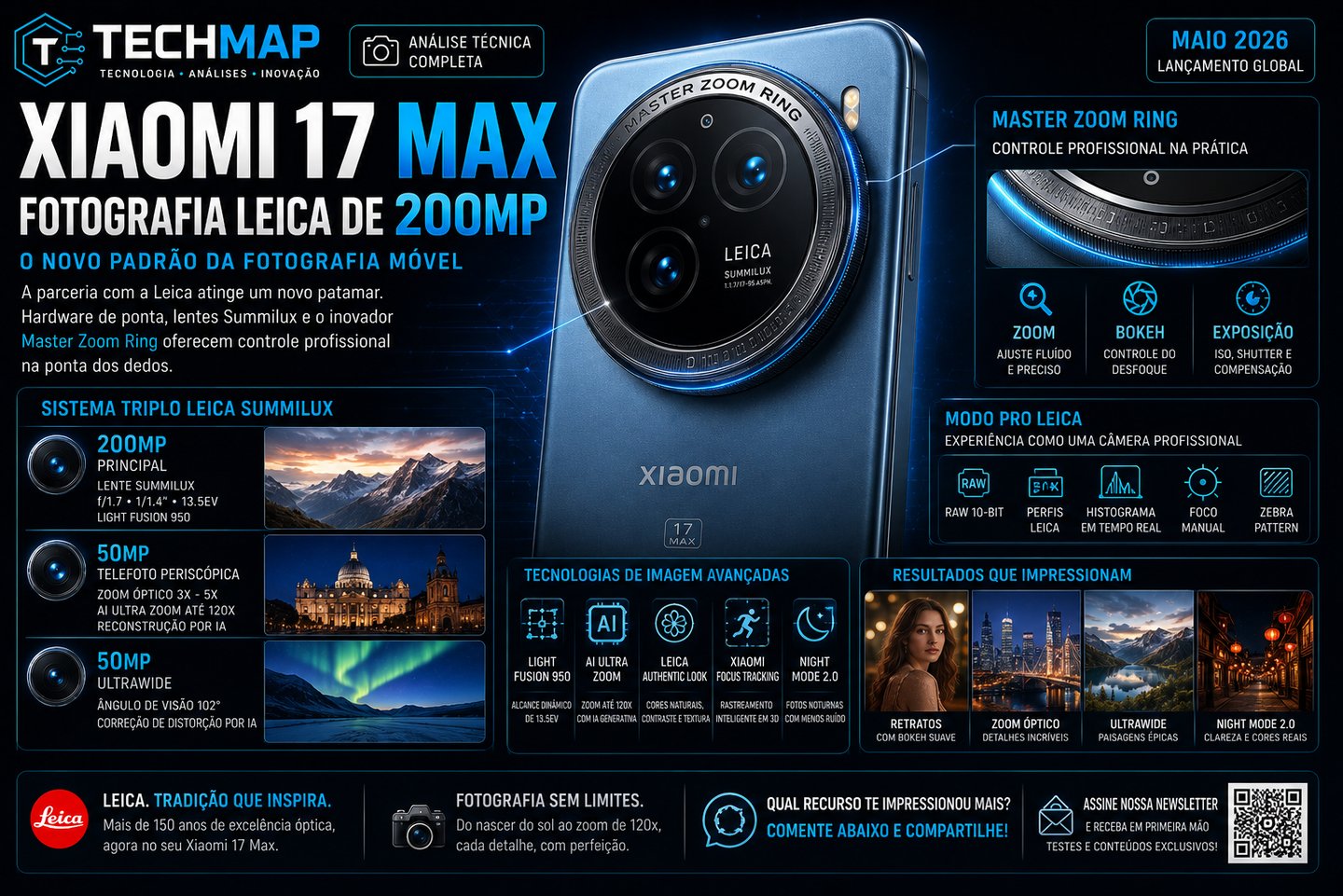 Infographic showing Xiaomi 17 Max features including 200MP Leica camera and Master Zoom Ring technology.