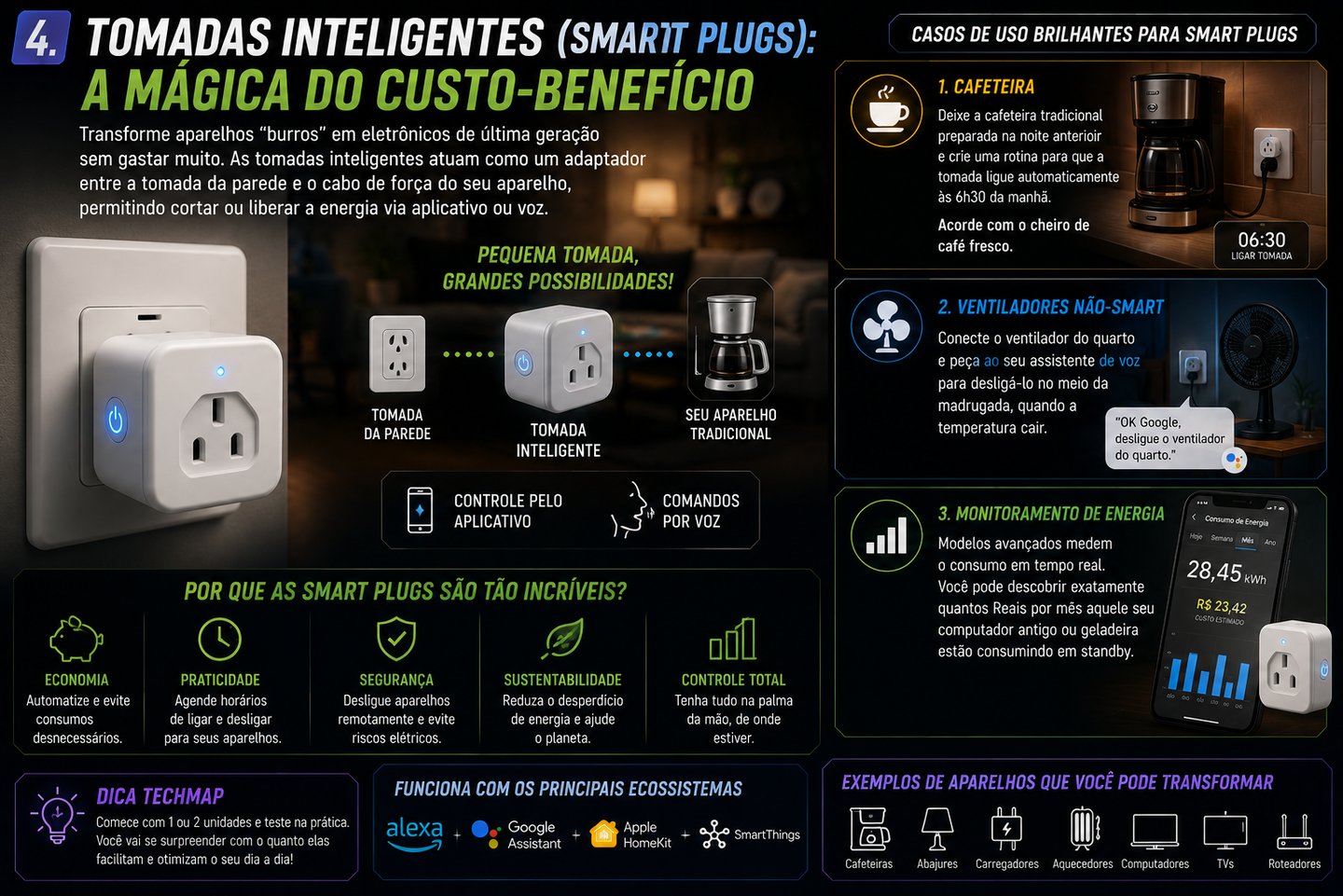 Infográfico explicativo sobre tomadas inteligentes smart plugs com exemplos de uso para cafeteiras e monitoramento de