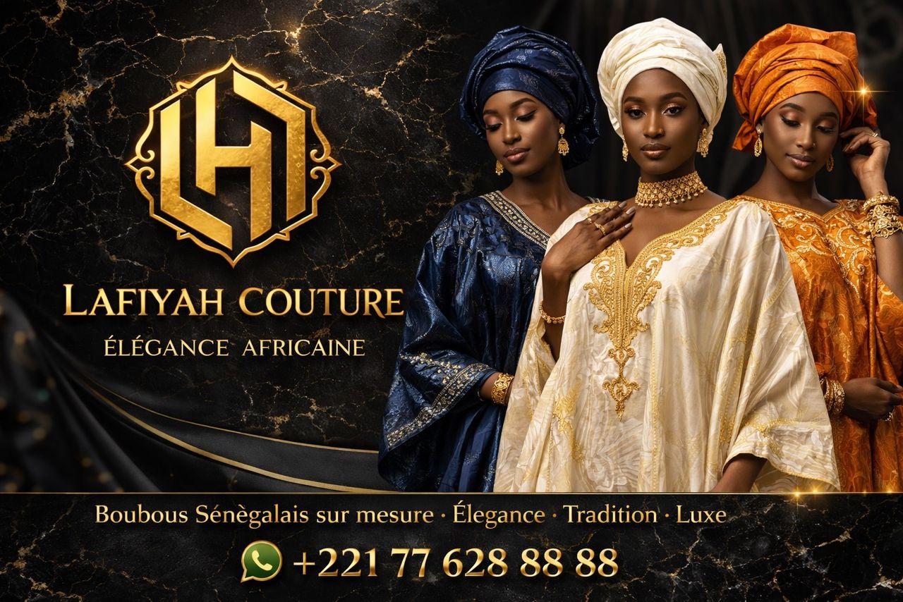 Three women wearing elegant African boubou dresses and headwraps for Lafiyah Couture fashion.