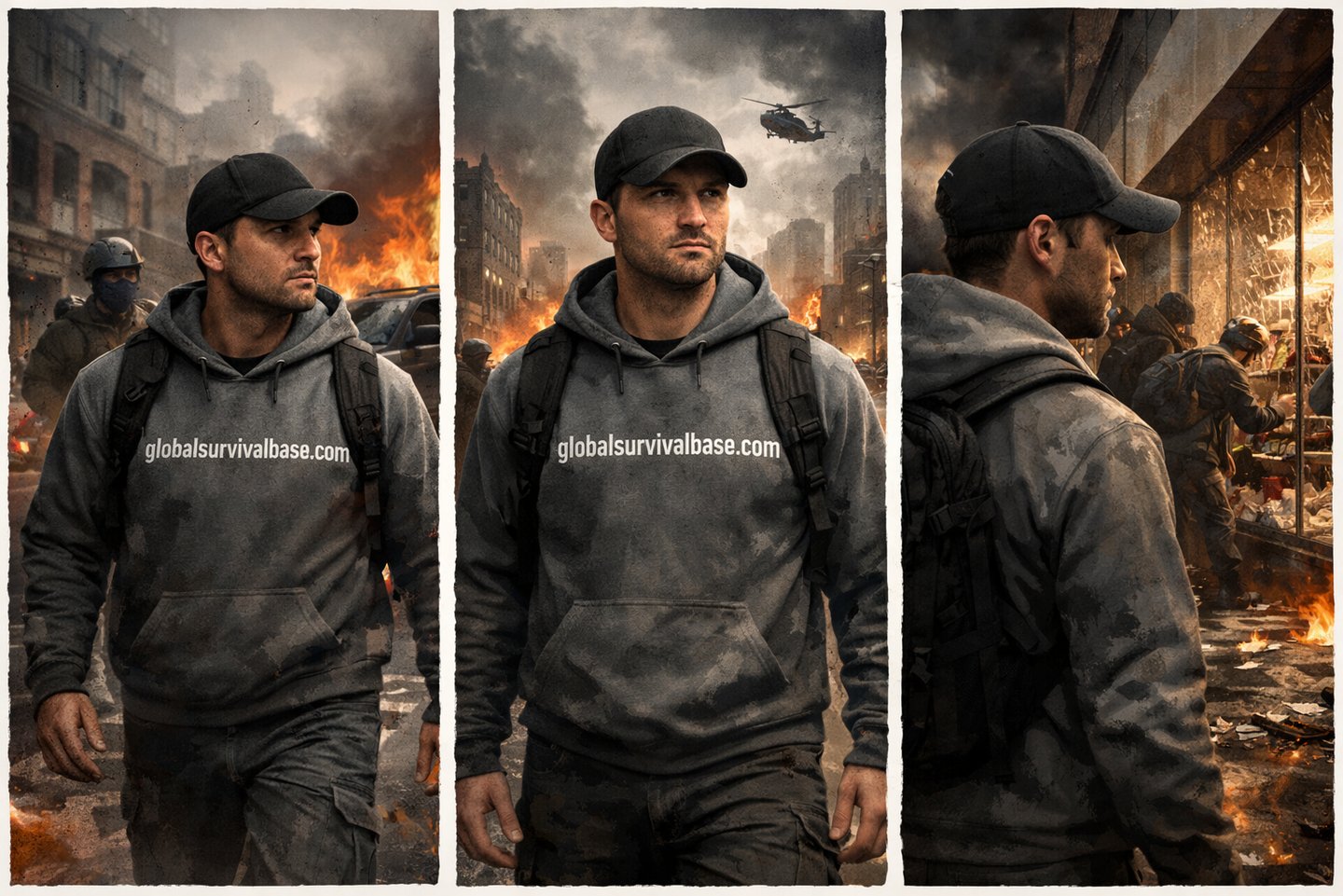 A survivalist in a grey hoodie walks through a burning city with a helicopter flying overhead.