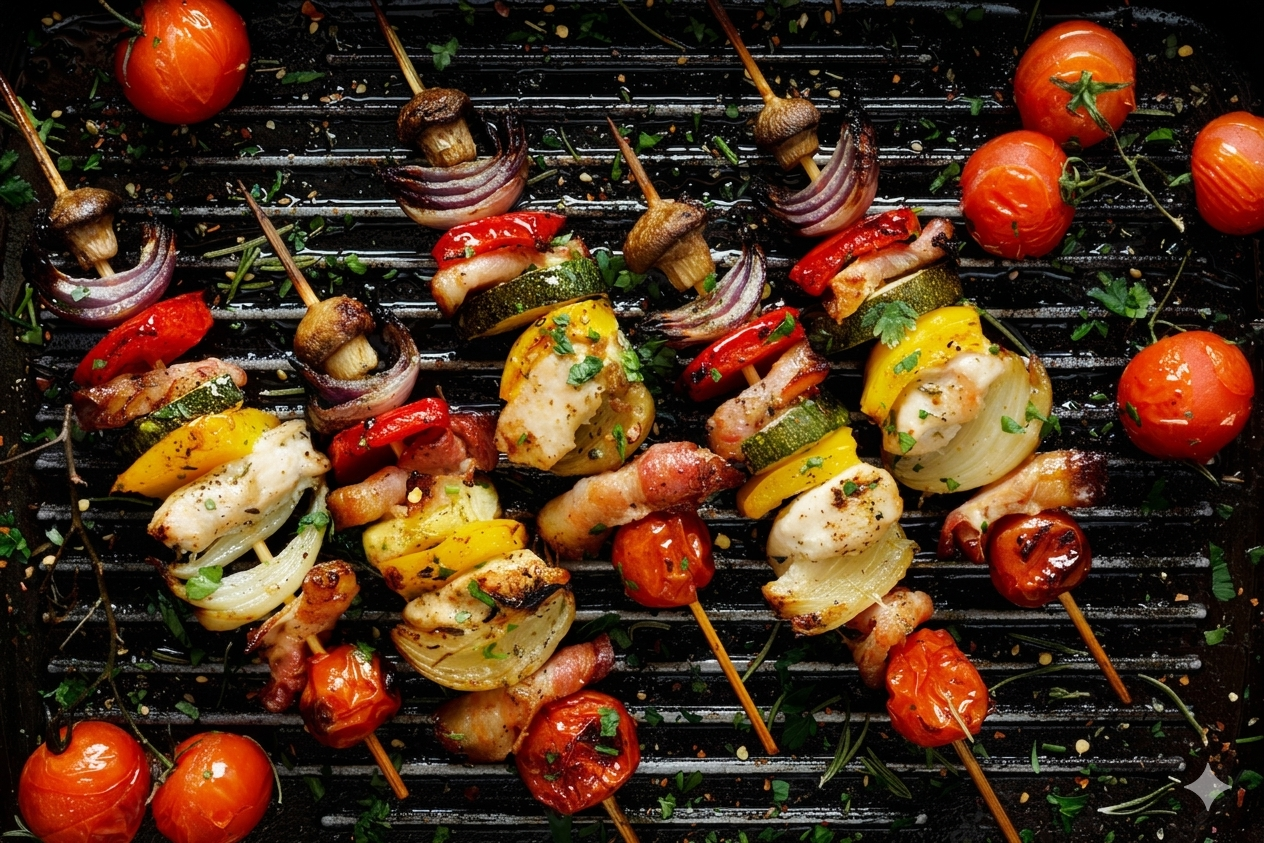Grilled chicken skewers with bacon, peppers, zucchini, and mushrooms on a black stovetop griddle pan.