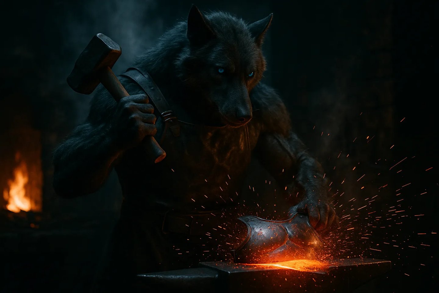 Fenrir w kuźni przy zbroi – symbol siły, rebelii i świadomego przygotowania do walki z narzuconą rzeczywistością