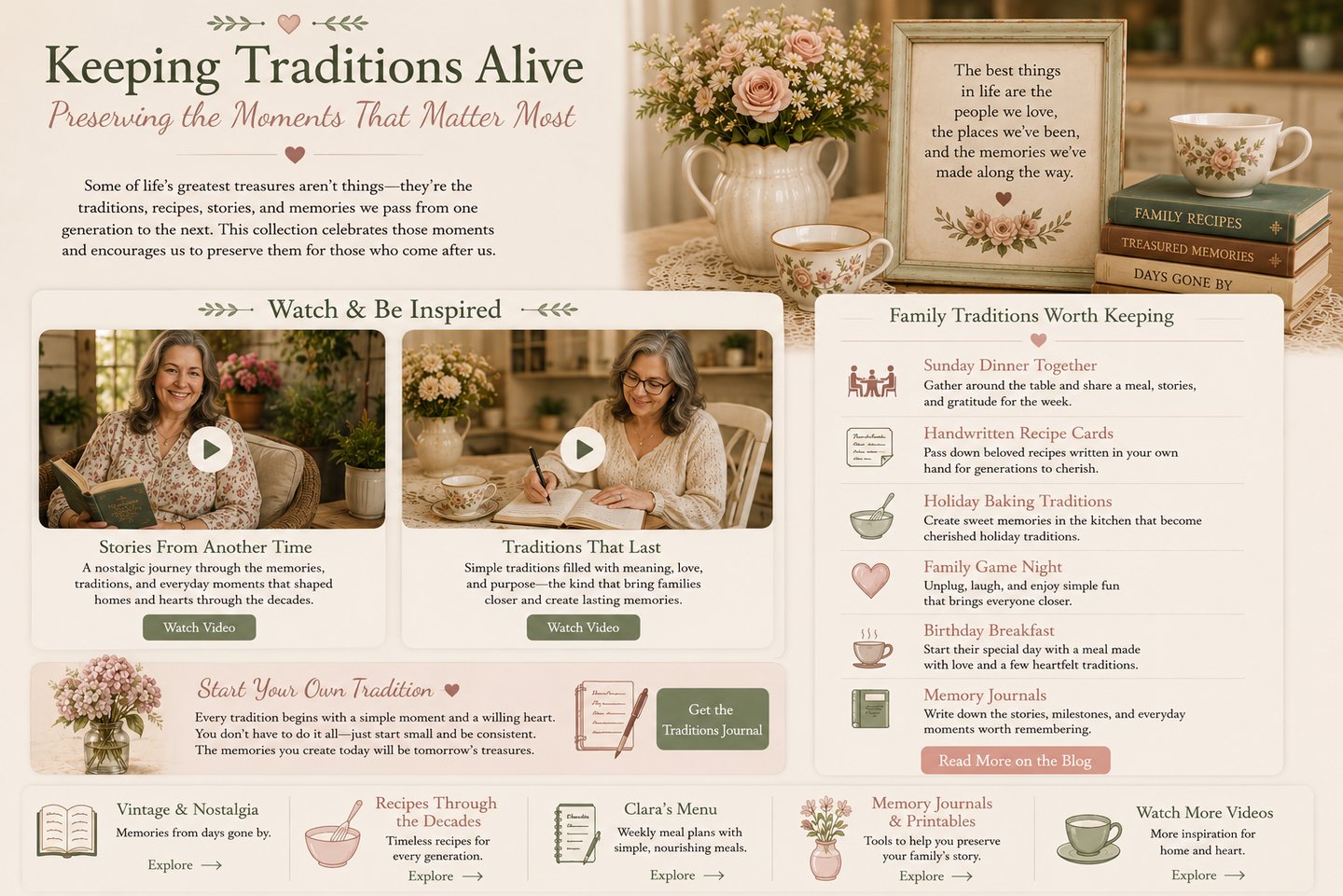 Vintage family traditions website layout featuring nostalgic recipe cards, memory journals, and heirloom decor.