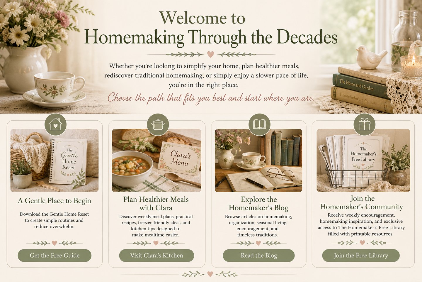 Vintage-style homemaking blog homepage featuring resources for meal planning, home organization, and simple living.