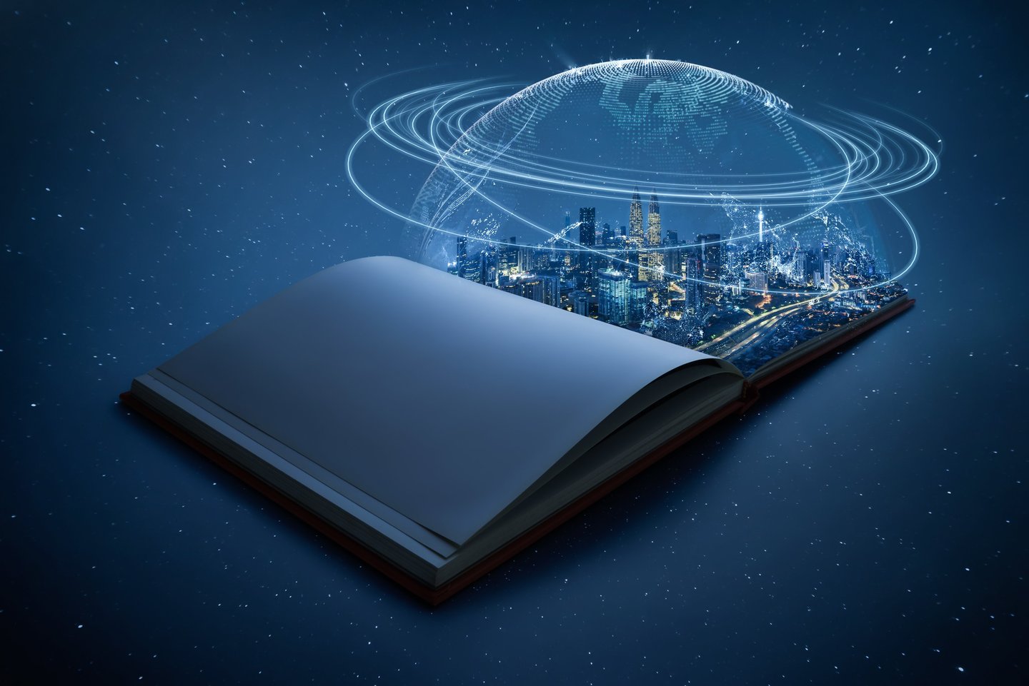 a book opened to show a cityscape with a planet in the background