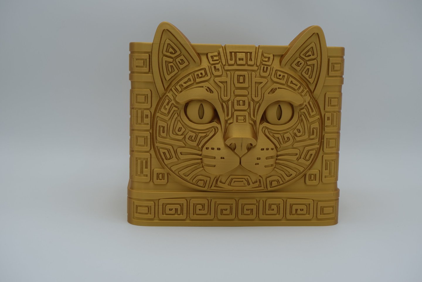 Mayan Revival cat desk organizer in gold PLA