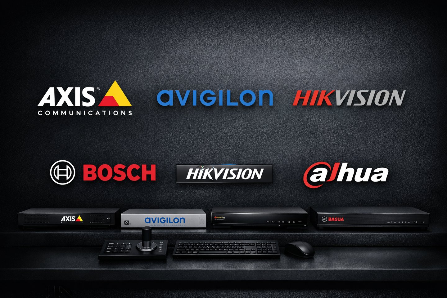Commercial CCTV brands and surveillance hardware including Axis, Avigilon, Hikvision, Bosch, Dahua, 
