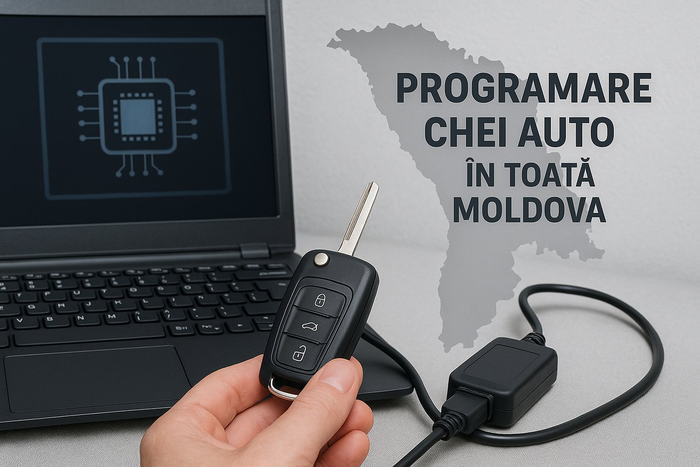 Laptop conectat la cheie auto pentru programare în Chișinău și toată Moldova