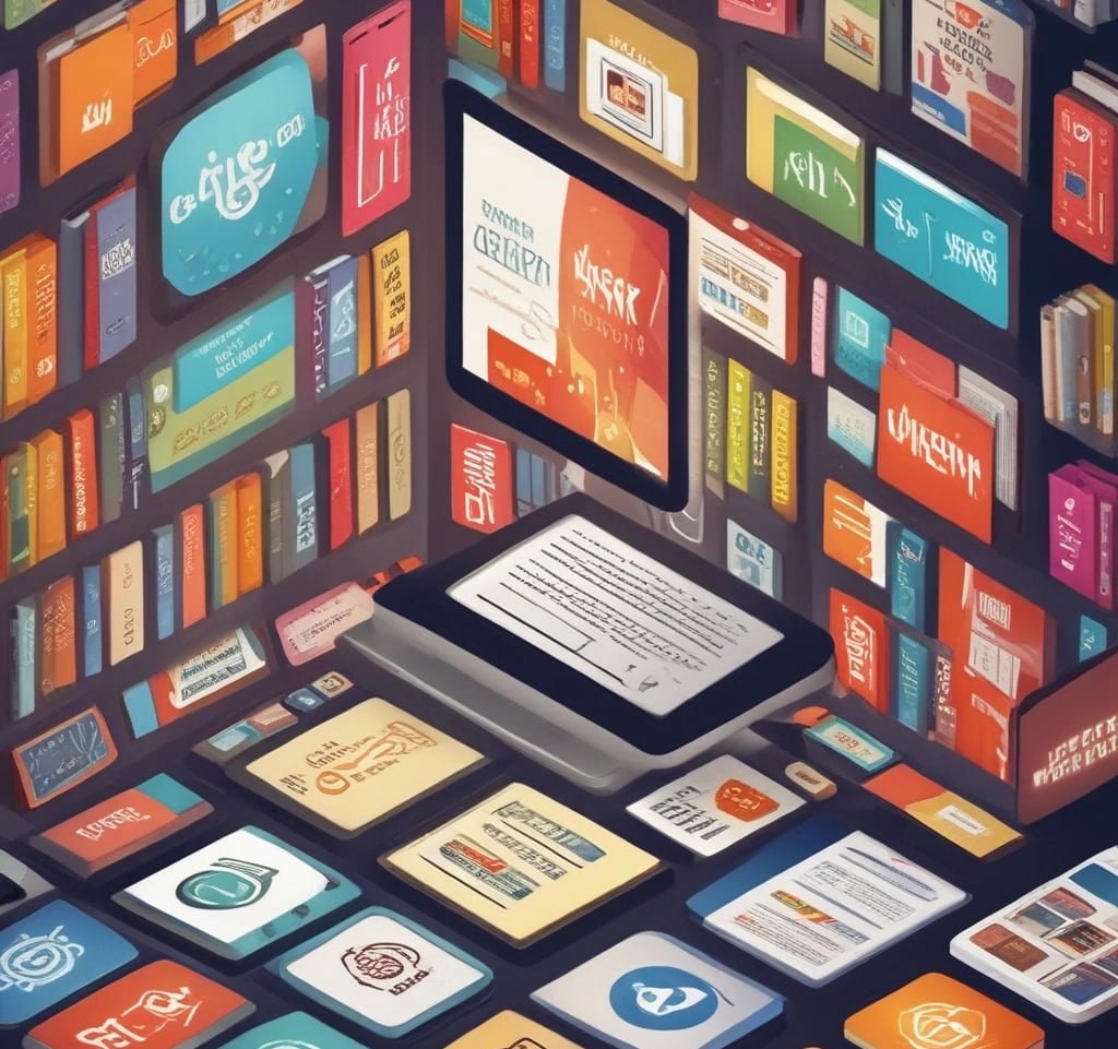 Digital library concept with a computer screen and tablets surrounded by colorful books on shelves.