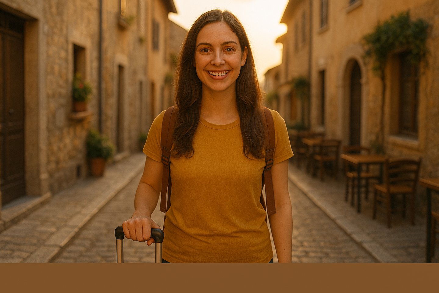 Young female traveler smiling confidently while standing on a cobblestone street at golden hour, wearing a backpack and holdi