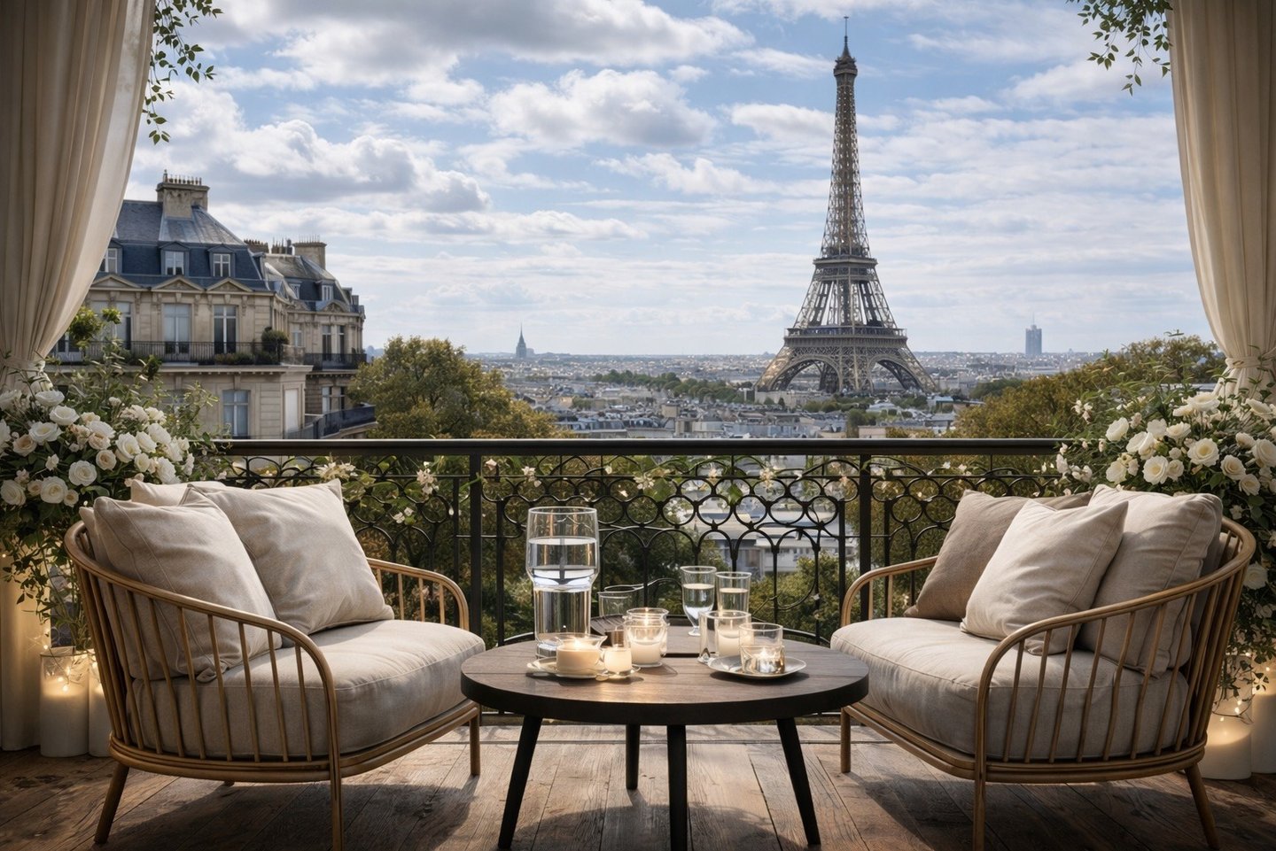 Luxury Paris balcony view with Eiffel Tower in daytime.