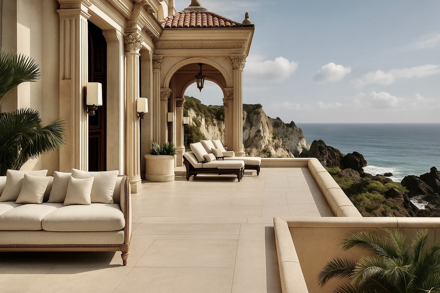 Mediterranean luxury villa terrace with sea view sunset