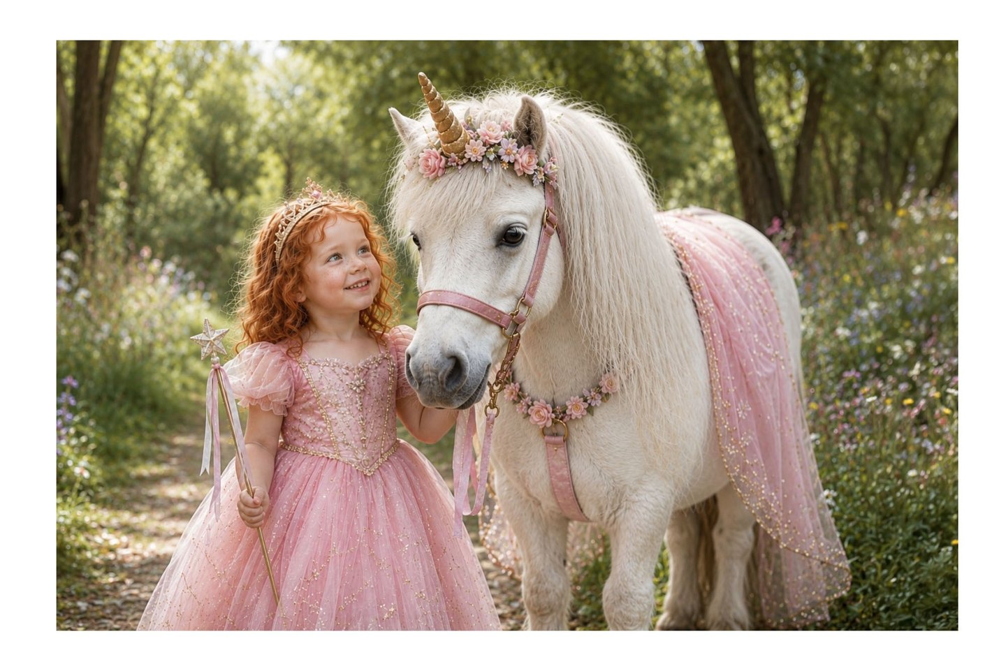 Little girl dressed as a princess beside her unicorn pony in a magical woodland, inspiring imagination and childhood wonder.