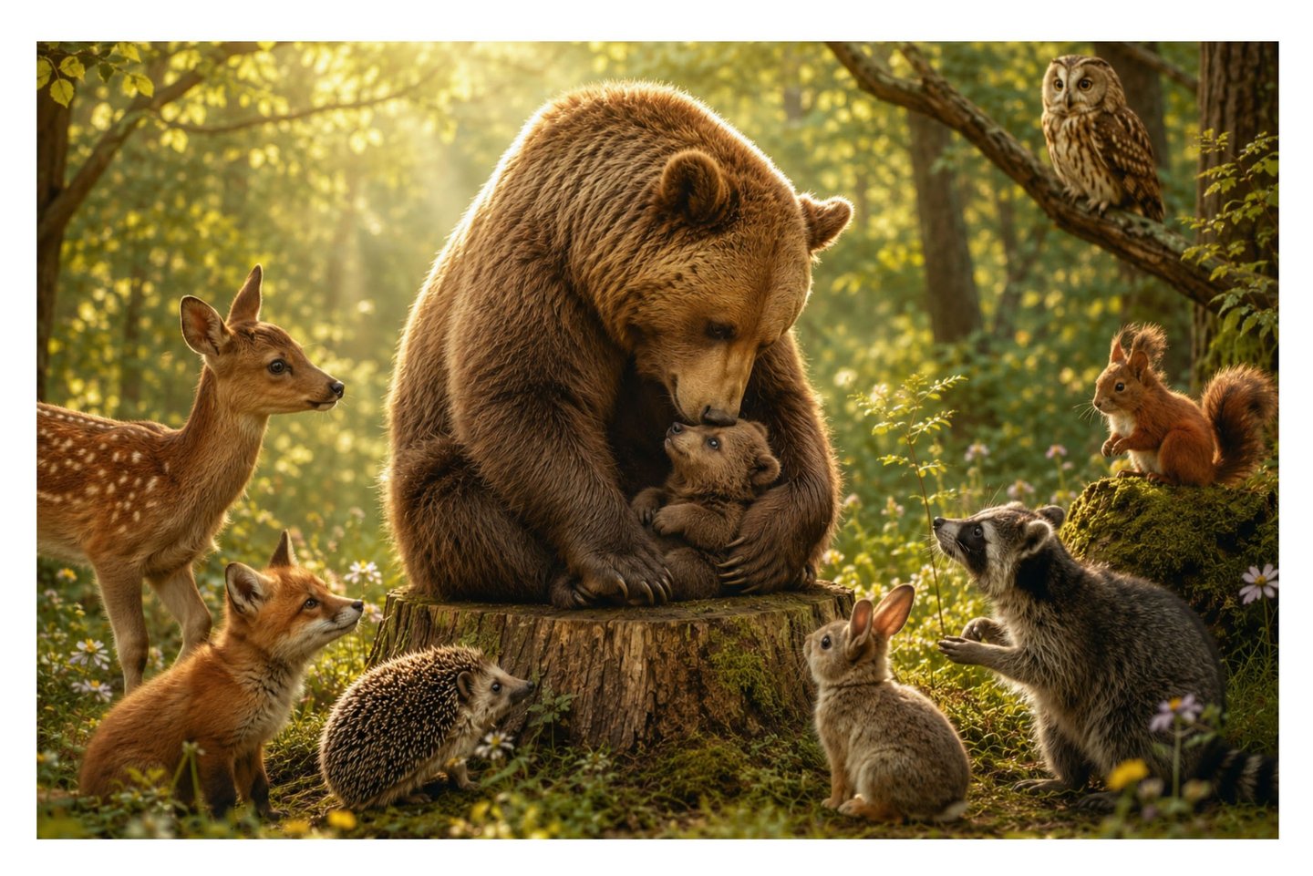 Mama bear cuddles her tiny cub in a forest glade watched by animals, celebrating the gentle beauty of  a mother's love