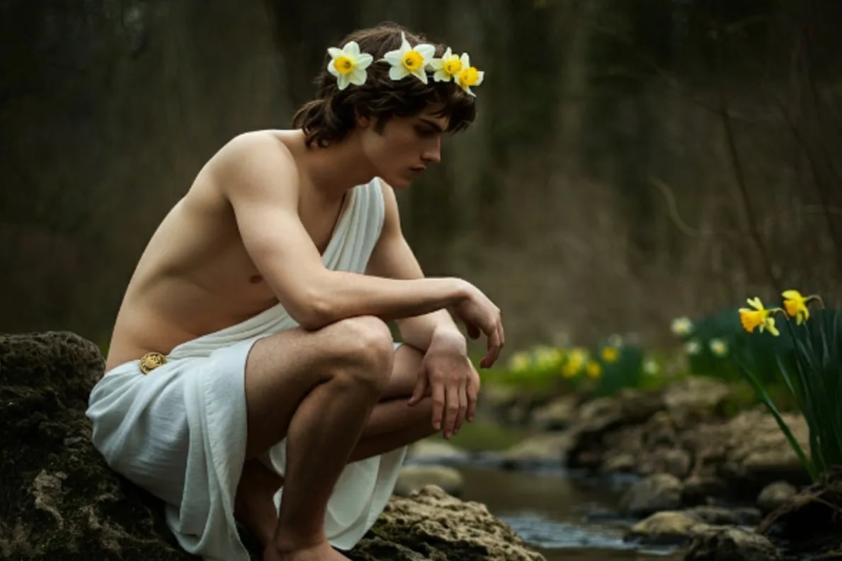 Narcizo in a white robe sitting on a rock