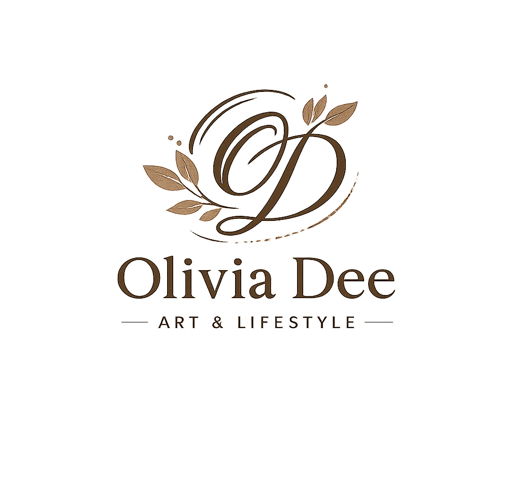 Olivia Dee Art and Lifestyle logo featuring a gold script letter D with elegant botanical leaves on a black background.