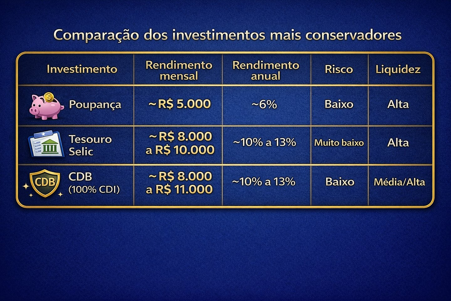 Tabela comparativa de investimentos conservadores comparando Poupança, Tesouro Selic e CDB.