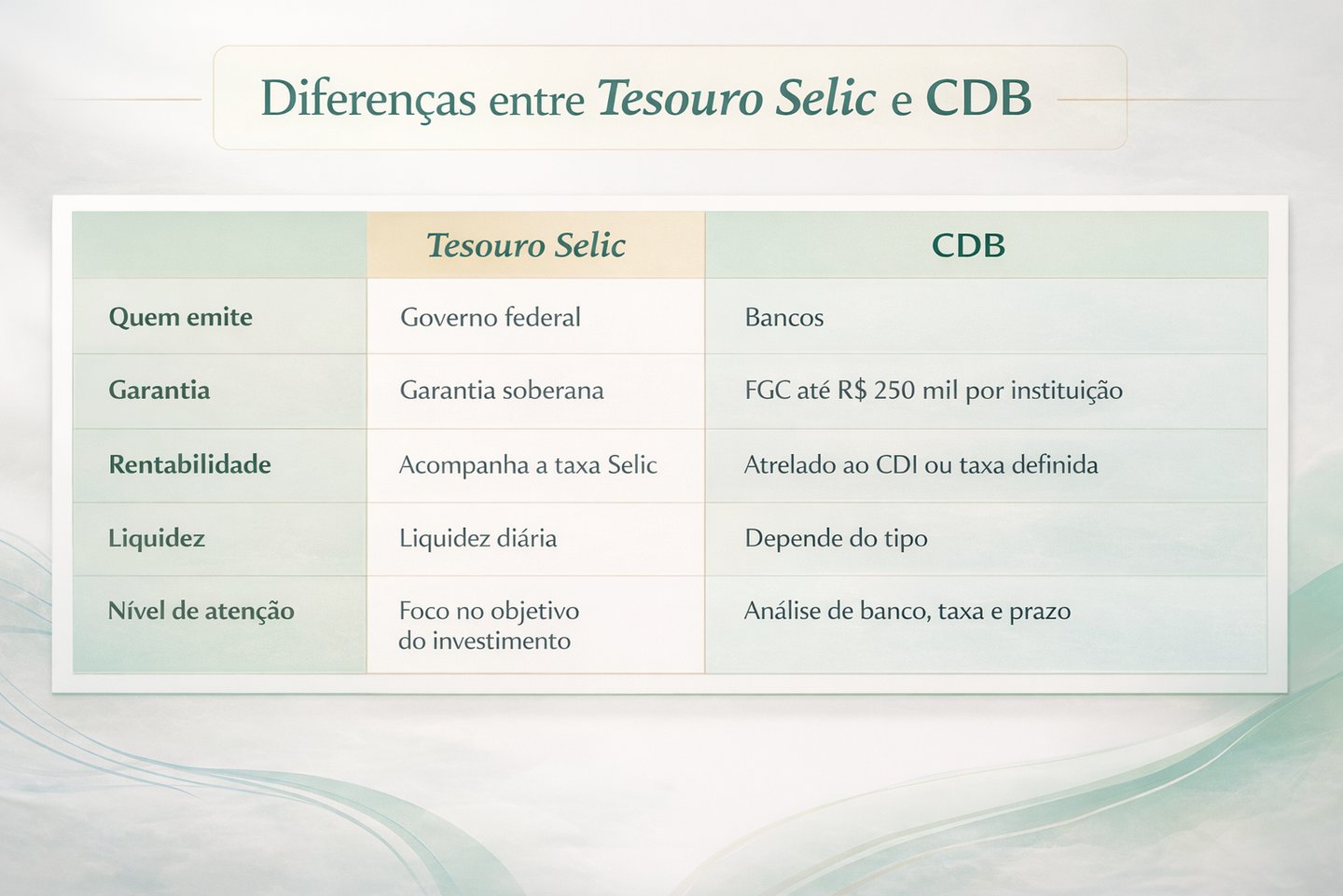 Tabela comparativa mostrando as diferenças entre Tesouro Selic e CDB em termos de garantia, rentabilidade e liquidez.
