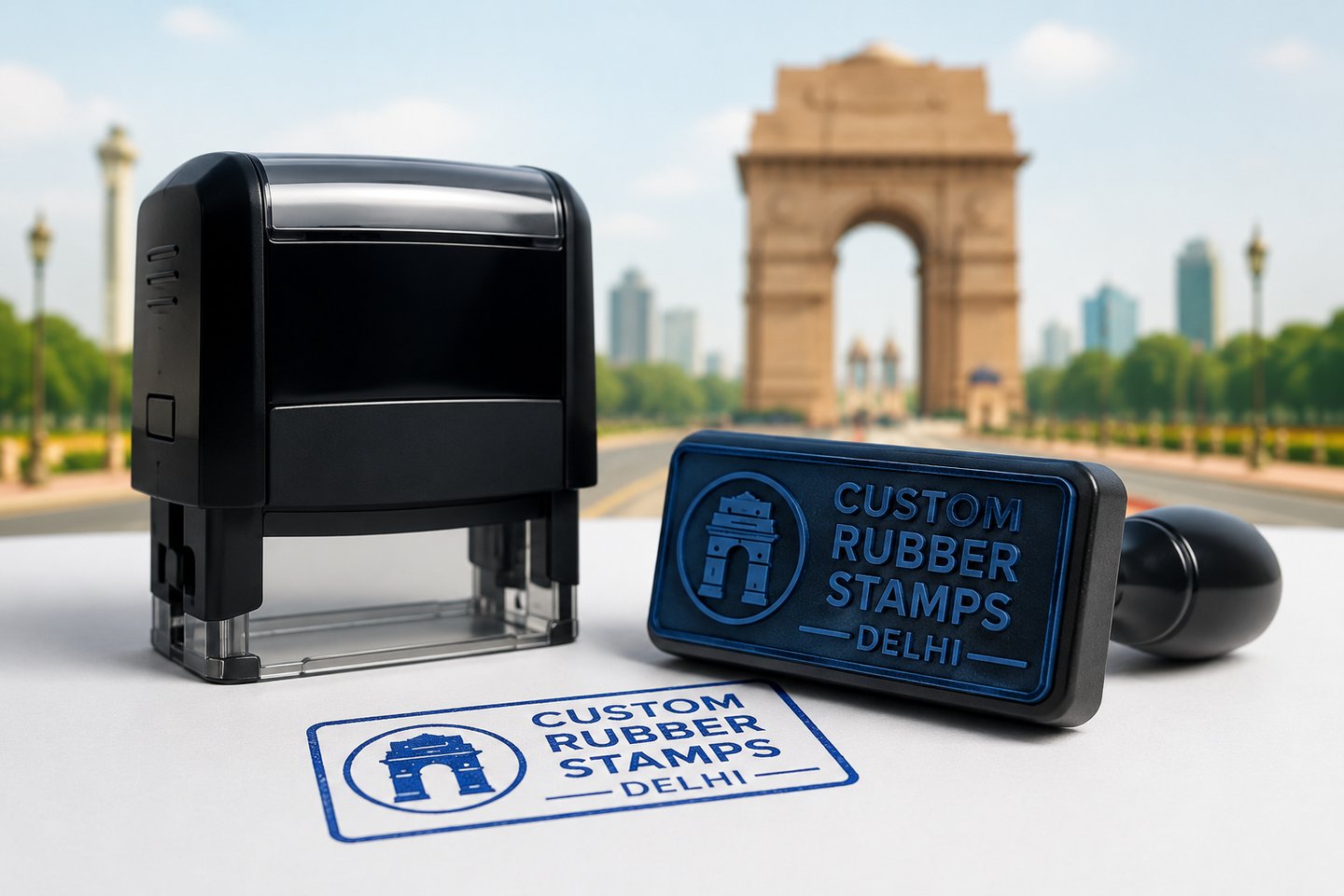 **Custom rubber stamp and self-inking stamp with India Gate backdrop, representing Delhi stamp services