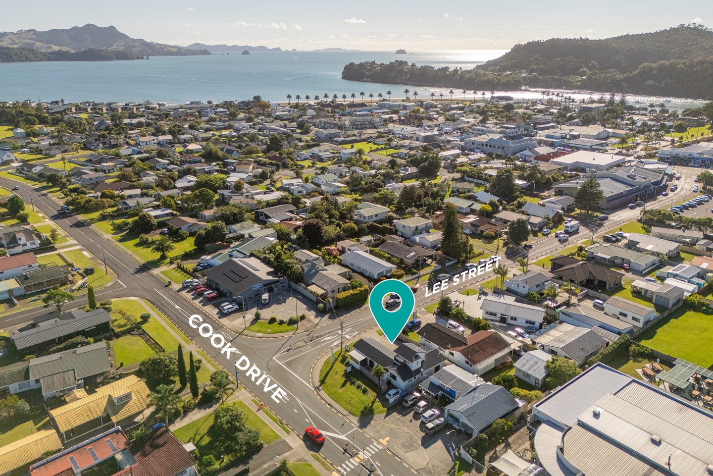 Birds eye view Whitianga - Cook Drive & Lee Street