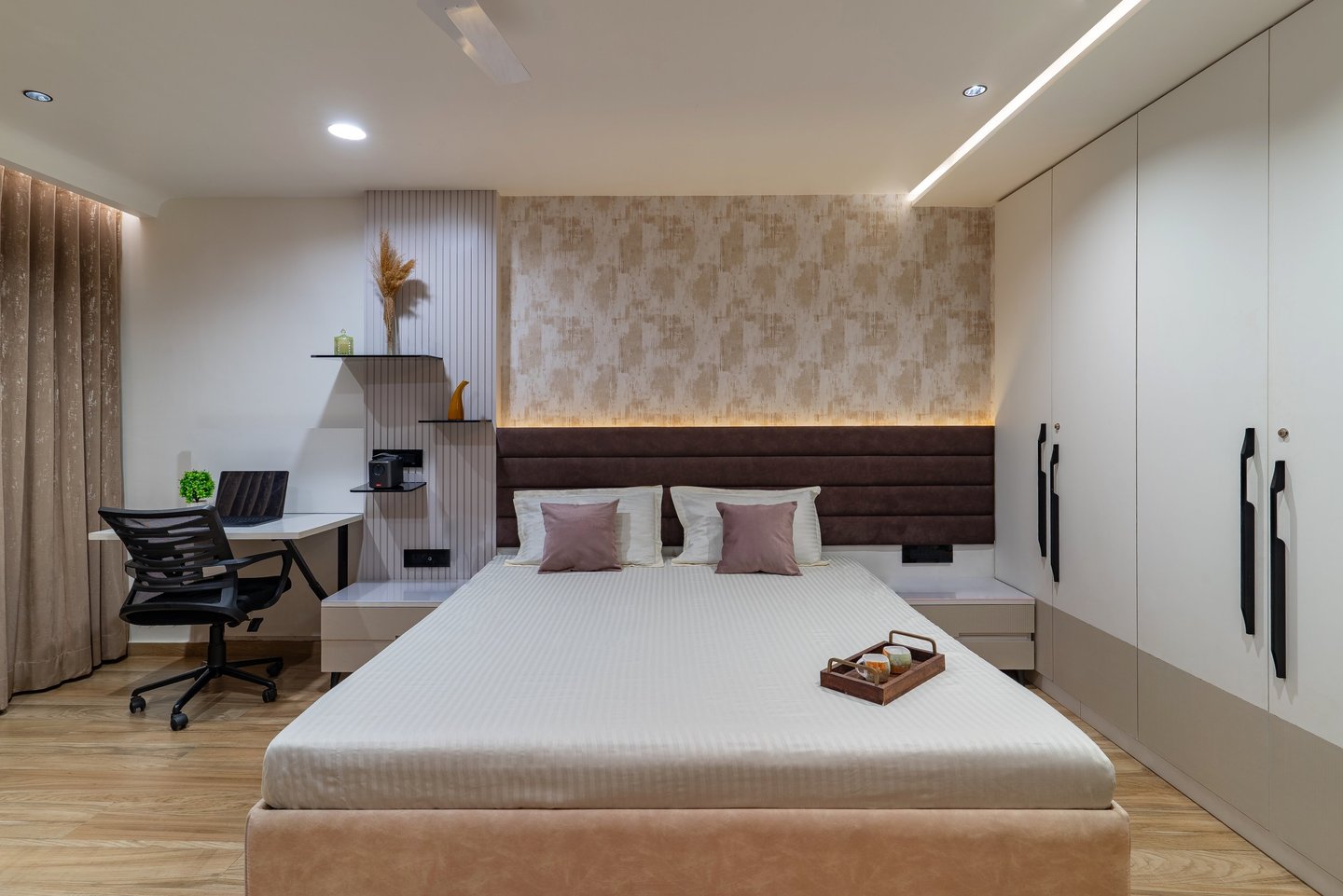 Bedroom interior design with study table wardrobe ambient lighting