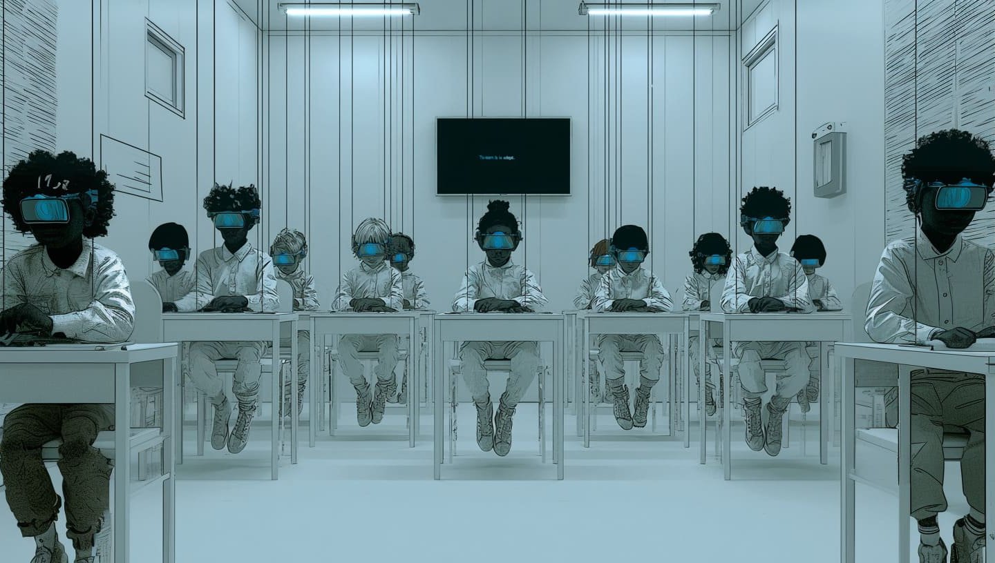 Enfants sages assis à leur table de classe, une lunette optique cache leur regard.